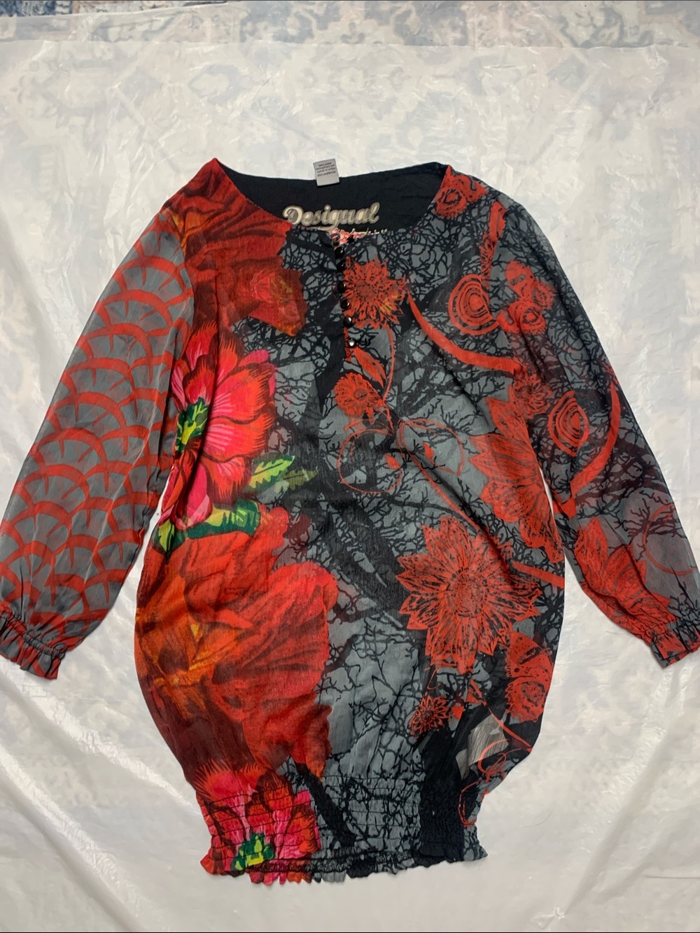 Desigual Sheer Rose Floral Print Y2K Blouse Maximalist Size M Red Black